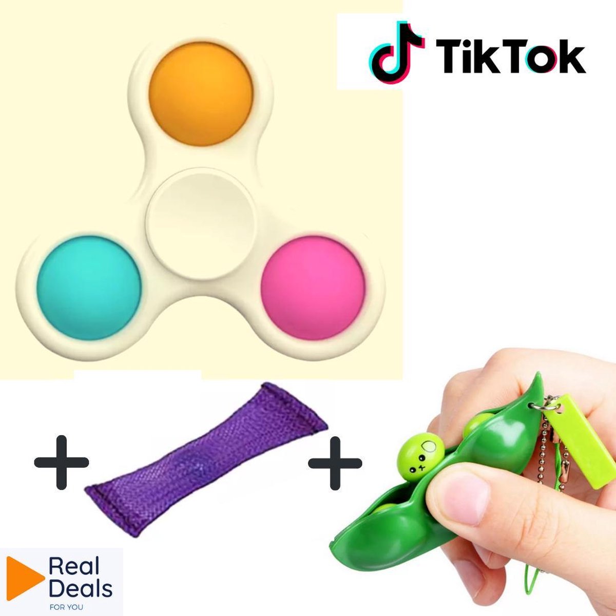 Fidget Toy Pakket:  Simple Dimple Spinner (Blauw – Roze – Oranje) + Fidget Pea Bean Popper + Mesh and Marble Paars [RealDeals! Fidget Collection]